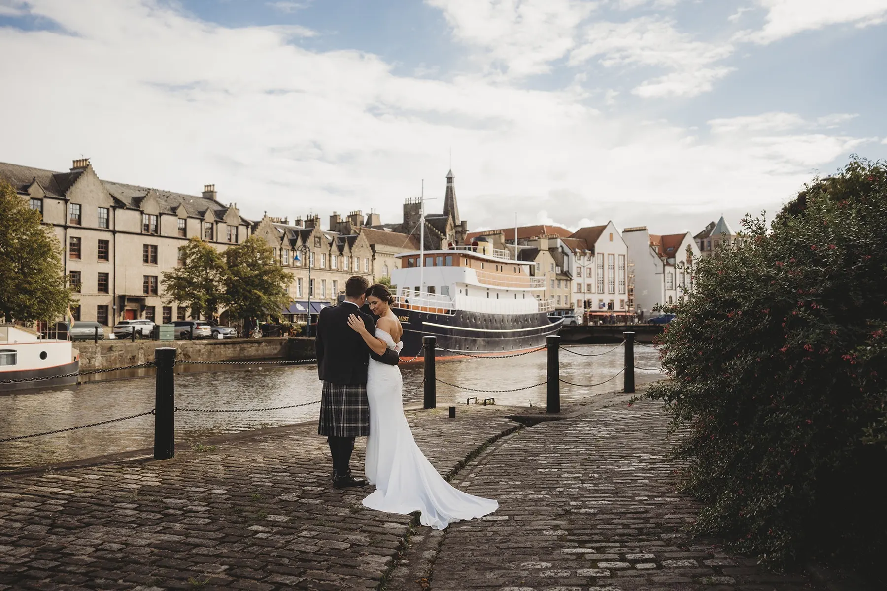 Bride and groom on the Leith quayside